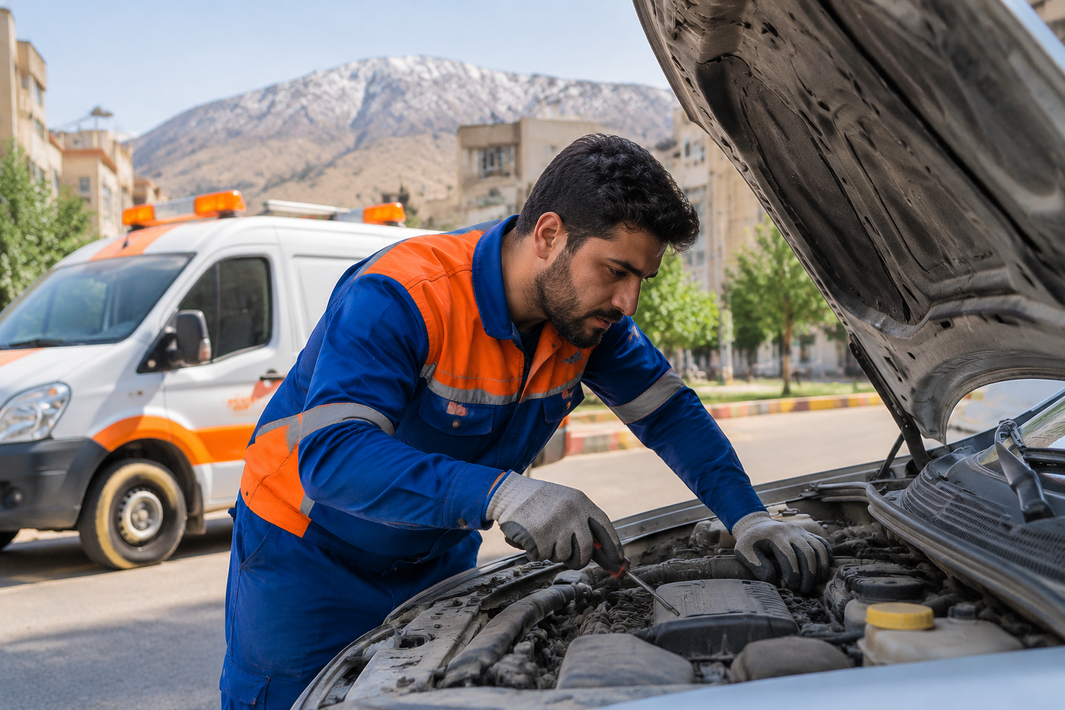 تکنسین مکانیک در حال بررسی موتور خودرو در یکی از خیابان‌های شهر همدان با لباس فرم امداد خودرو آسیا.